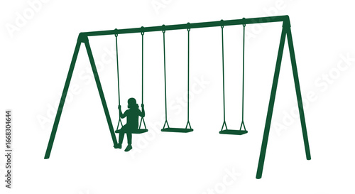 A green swing set with a child sitting on one of the swings