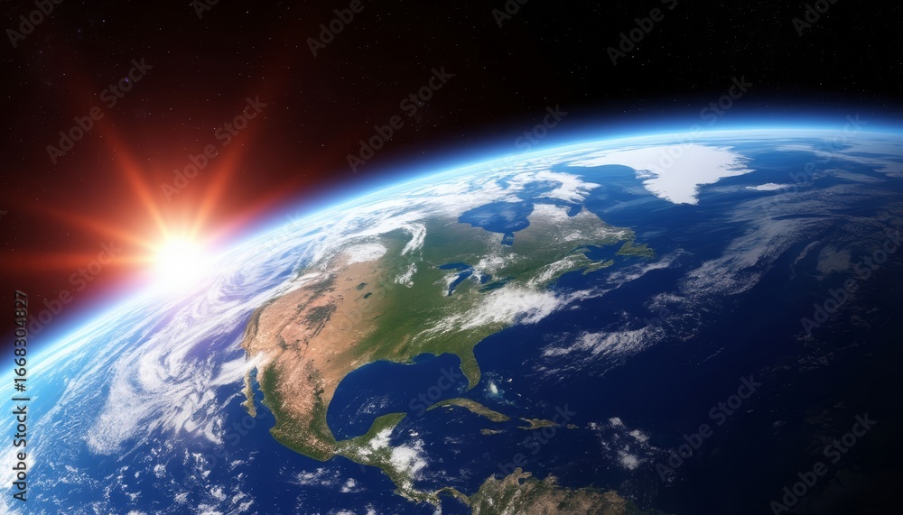 Fototapeta premium Breathtaking view of north america from space with sun rising over the horizon, showcasing united states, canada, mexico, and parts of central america tv wallpaper background