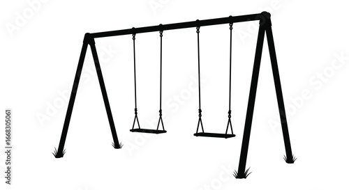 A black metal swing set with two swings for kids to play on outdoors