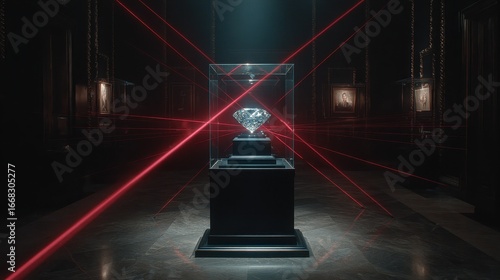 Diamond Display with Laser Security in Dark Museum Setting