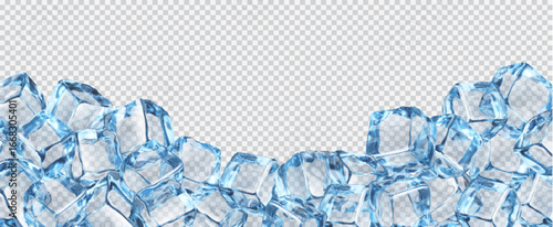Closeup ice cubes background, crystal ice blocks. Realistic 3d vector frame, isolated border of blue transparent frozen solid water pieces of glass or ice, drink ads template with clean square lumps