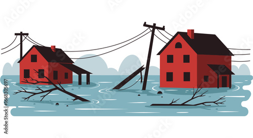 Flooded neighborhood with houses and power lines under water damage