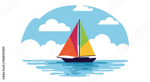 A colorful sailboat on calm waters under a sunny sky with fluffy clouds