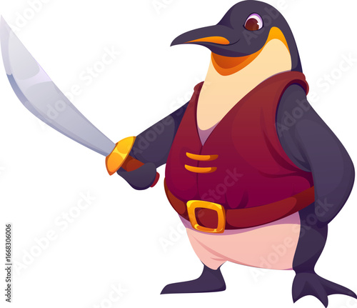Cartoon penguin pirate corsair animal character. Isolated vector bird filibuster or rover personage wearing a red vest with a gold belt and holding a gleaming cutlass in its hand, ready for adventures
