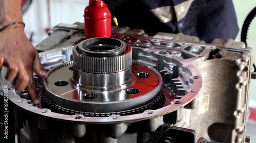 ​A mechanic's hand uses a red oil can to lubricate gears and components within an intricate transmission assembly