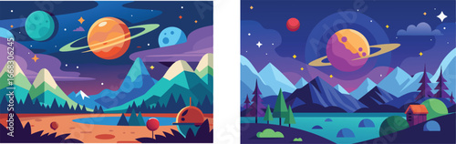 Two colorful stylized scenes of planets hovering above alien landscapes at night