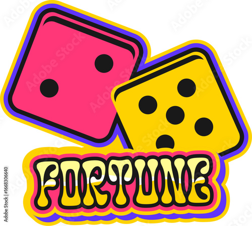 Fortune casino gambling Y2K groovy sticker or funky symbol. Casino fortune retro vector sticker, dice game retro tag. Gambling jackpot patch or label with bone roll game dice and golden typography