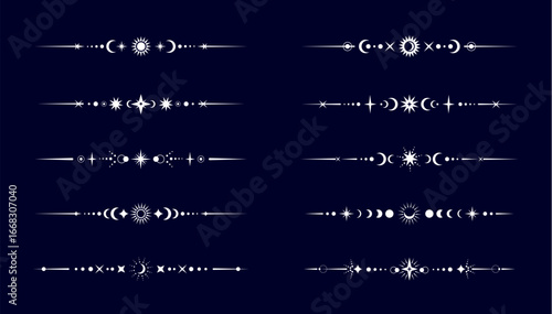 Esoteric mystic celestial divider borders vector set. Fantasy, space or magic golden lines with glowing mystical sun, crescent moon and star boho symbols. Astrology, wicca, witchcraft spiritual frames