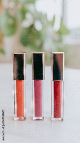 Three vibrant lip gloss tubes in sleek transparent containers with shiny silver caps, arranged on a marble surface, showcasing beauty products for cosmetic enthusiasts and makeup lovers
