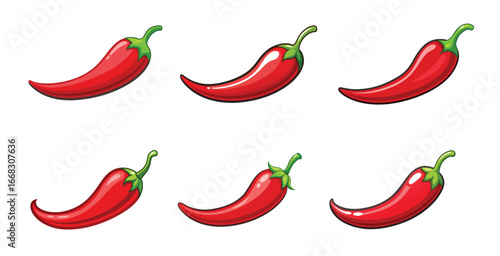 Six Stylized Red Chili Peppers Presented on a Clean White Background