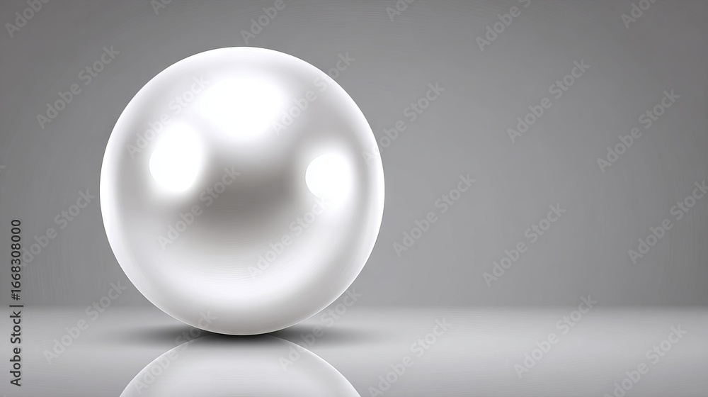 Obraz premium Shiny white pearl resting on a reflective surface, showcasing its smooth texture and luminous quality against a soft gray background, symbolizing elegance and beauty