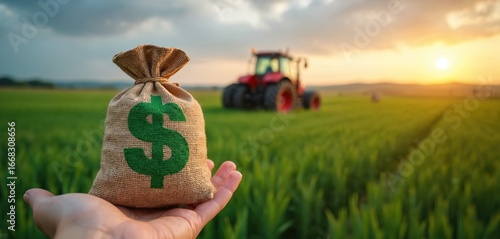 Hand holds burlap sack with green dollar sign over vast green farm field at sunset with tractor working. Represents agricultural finance, rural prosperity, and farmer economic support.