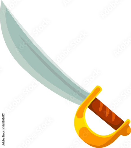 Pirate bandit cartoon weapon sword game object. Buccaneer privateer fantasy sabre vector icon, corsair sailor weapon blade videogame asset. Pirate bandit ancient sword with crossguard made of gold