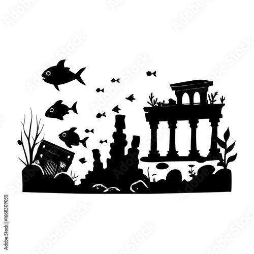 silhouettes of underwater ruins broken pillars