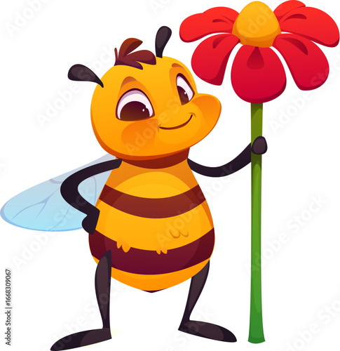 Cartoon honey bee character standing with red flower in hand. Cute striped honeybee insect personage with antennas and smiling face. Vector apiary mascot for beekeeping farm or garden pollination