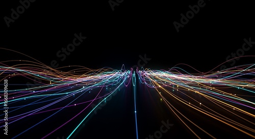 Abstract Digital Network with Glowing Fiber Optic Cables and Data Flow Lights