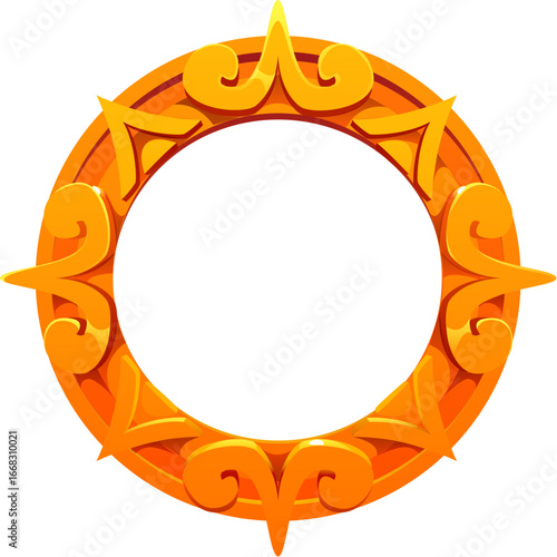 Cartoon golden Aztec ornament ring. Vector decorative ancient Inca Maya Mexican game icon asset. Shiny yellow circular frame with tribal symbols and intricate ethnic pattern and sacred meaning