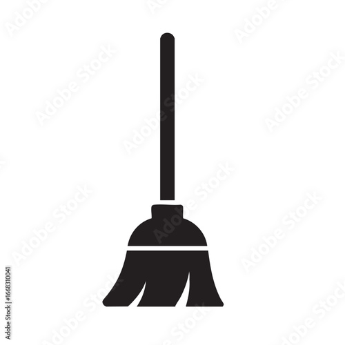 "Broom silhouette vector icon on white background, representing cleaning, sweeping, and housekeeping tasks."