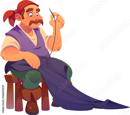 Cartoon pirate tailor ship crew character sitting on stool carefully sewing fabric with a needle and thread. Vector sea corsair personage wears traditional pirate clothing and has a focused expression