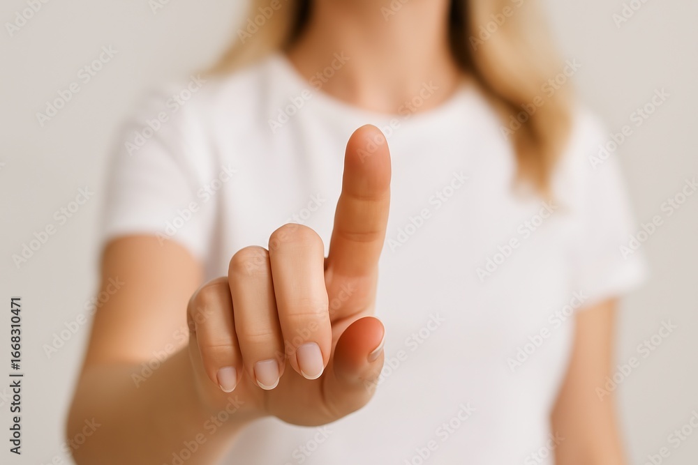 Naklejka premium Hand pointing forward with index finger, close up of female hand in white t-shirt, touchscreen gesture concept, human interaction symbol, selection or pressing button action, modern communication and