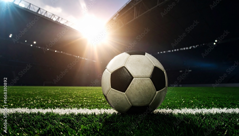 Obraz premium Black and white soccer balls rest on the green grass of a sports field, ready for a game under the open sky