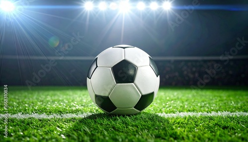 A classic black and white leather soccer ball rests on a lush green grass field