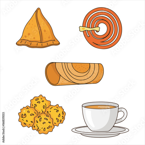 A collection of various Indian snacks and a cup of tea, illustrated on a white background.