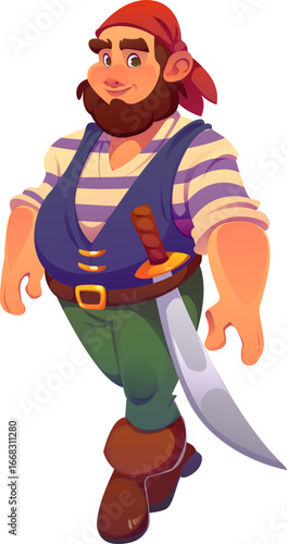 Pirate ship crew cartoon corsair character with red bandana, striped shirt and curved sword. Vector cheerful, friendly and adventurous swashbuckler sailor ready for high seas fun and treasure hunts