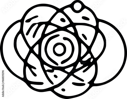 Stylized atomic structure illustration, electrons orbiting nucleus, science graphic.