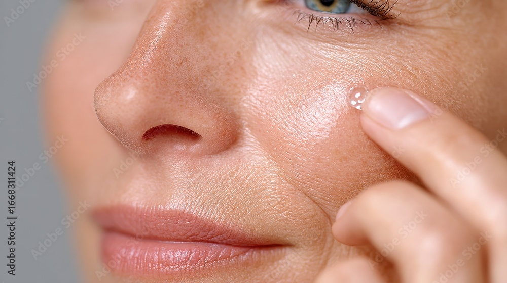 Fototapeta premium Close-up of Woman Applying Hyaluronic Acid Serum to Face, Demonstrating Skincare Routine for Hydration and Anti-Aging Benefits
