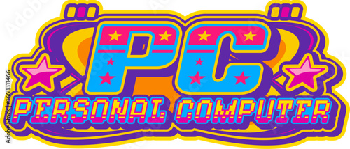 Personal computer technology retro Y2K icon or symbol. 1990s computer retro vector icon, vintage digital technology funky sign. Retro software Y2K emblem or symbol with vibrant colors typography