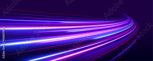 Neon speed lines twist and turn against a black background, creating a sense of rapid motion. Shades of blue, purple, and pink glow vibrantly. A sleek, high-tech atmosphere emerges.