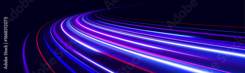 Vibrant energy lines stream across a dark space, creating a glowing motion blur effect. Neon hues shift from red to blue in a cyberpunk-inspired style. The image radiates high-speed flow.