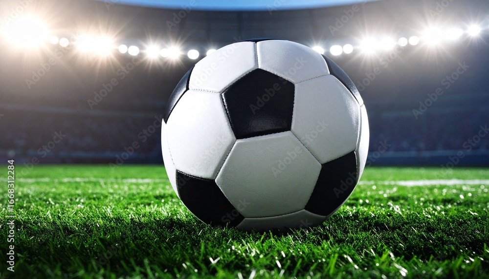 Obraz premium A white and black leather soccer ball rests on a vibrant green grass field, ready for a game