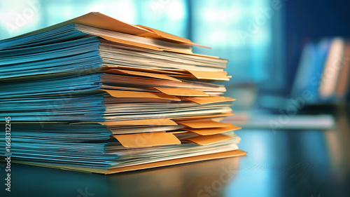 Stack of organized paper files with colored tabs on office desk under natural light, showing productivity and detailed paperwork in professional environment