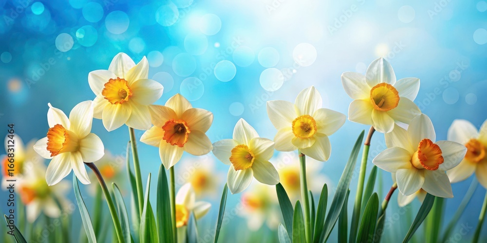 Obraz premium Colorful daffodils sway gently in soft light blue spring breeze
