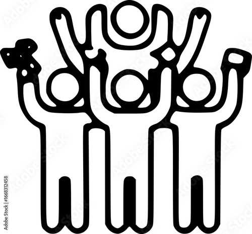 Silhouette of a group of people celebrating with arms raised.