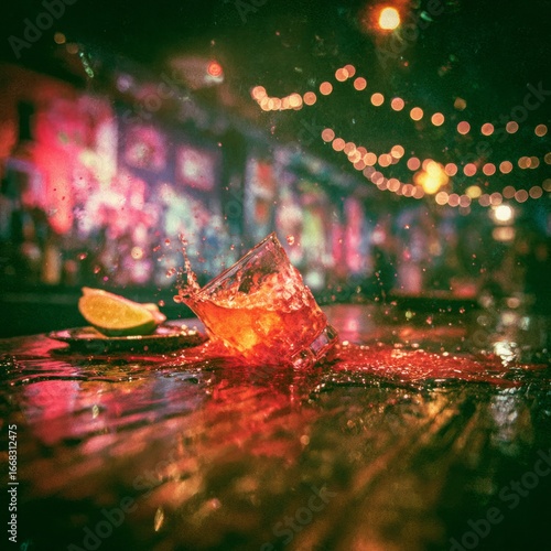 Spilled cocktail with ice and lime slice on a bar counter.