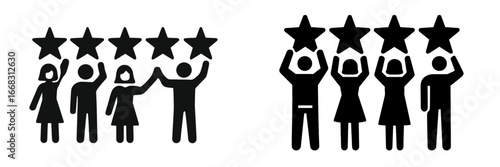 Vector illustration of people giving five-star ratings and reviews
