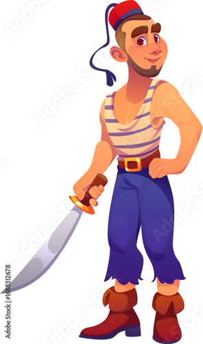 Cartoon Turkish medieval pirate sailor character holding a sword. Isolated vector corsair personage with a beard and traditional striped vest, exudes a sense of high seas adventure and boldness
