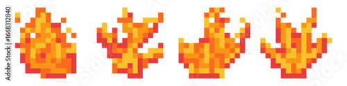 Pixel arcade game fire art. 8bit flame animation with blazing effect. Burning campfire for comic video or badge. Flaming energy element with red spark. Heat and fiery power shape vector set.