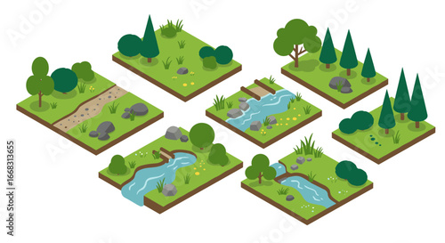 Isometric nature landscape pieces with trees, river, and path for game design