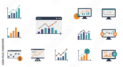 Data analytics icons set: charts, graphs, and diagrams for business growth