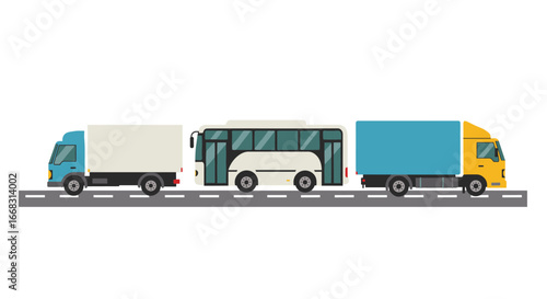 Colorful vehicles in flat design: trucks and bus on roadway