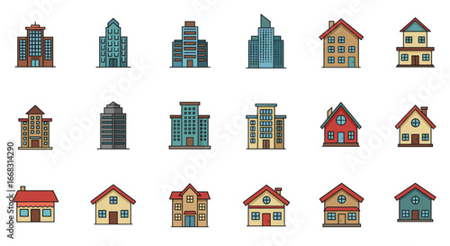 Diverse collection of urban and suburban houses and buildings in flat style