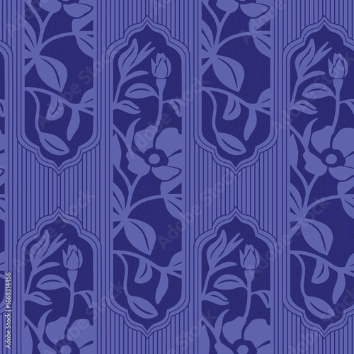 Elegant Seamless Floral Art Nouveau Pattern with Vertical Stripes in Purple Tones