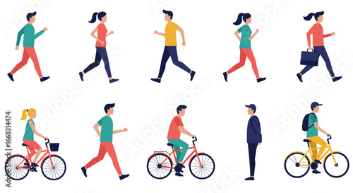Diverse people walking and cycling in casual and professional attire