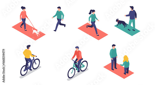 Colorful isometric illustrations of people engaging in various outdoor activities