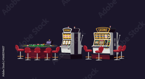 Casino gaming scene with slot machines and poker table in cartoon style
