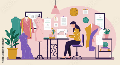 Seamstress crafting fashion in modern workspace with sewing machine